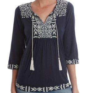 Lucky Brand Navy Tassel Tie Embroidered Top